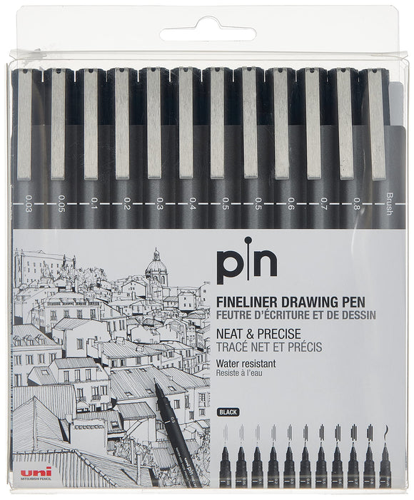三菱 Uni Pin FINE LINE 耐水性針筆 繪圖筆 12枝套裝